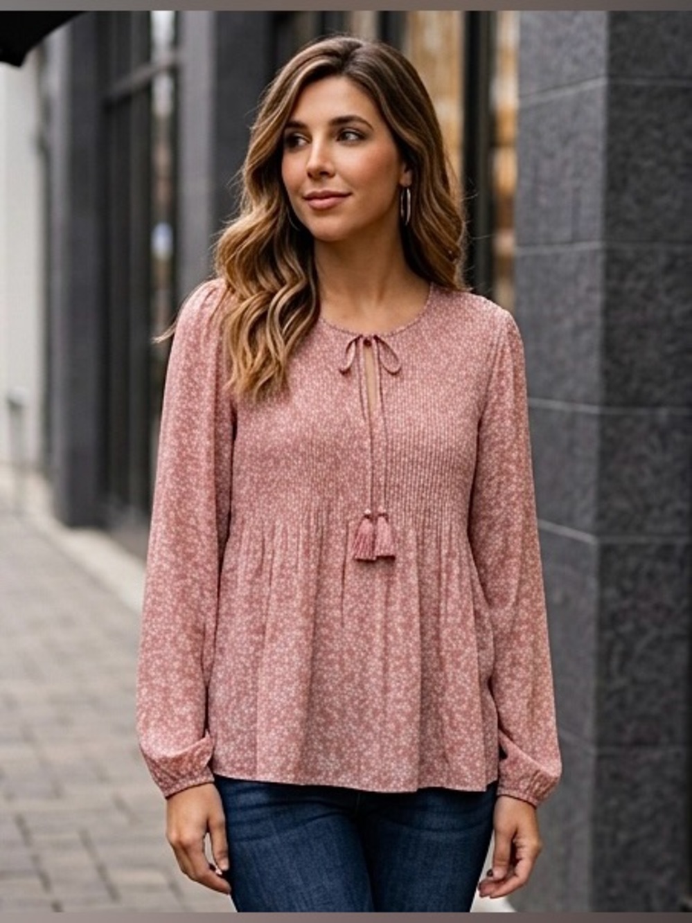 2 for $20 Tops DR2 Soft Pink Floral Pleated Peasant Blouse Tie Tassel SZ M NWOT